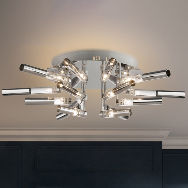 Modern Sputnik Semi Flush Light Stainless Steel 9/21 Lights Dining Room Ceiling Light Fixture with Tube Shade in Silver