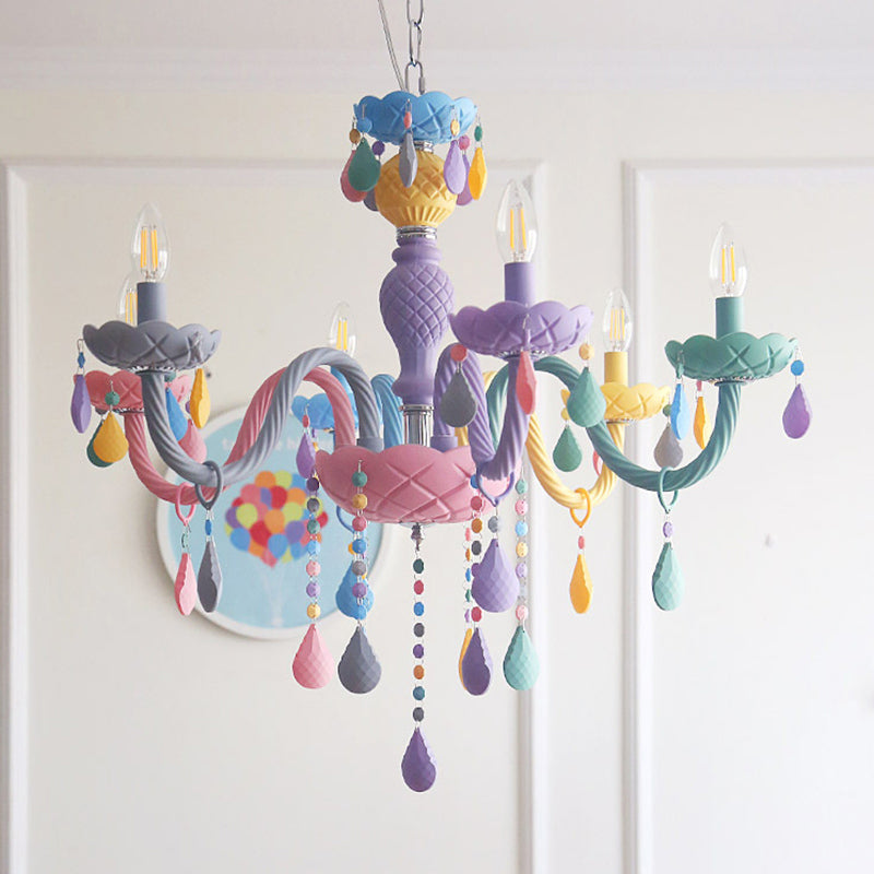 Candelabra plafond kroonluchter macaron kleurrijke glazen kinderen slaapkamer hanglamp in paars