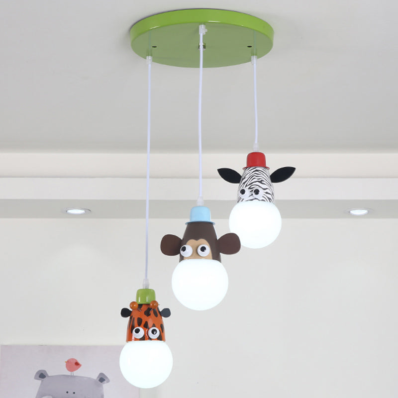 Metal Animal Head Cluster Pendant Cartoon 3 Lights White-Green Hanging Light for Kids Bedroom