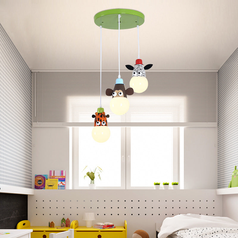 Metal Animal Head Cluster Pendant Cartoon 3 Lights White-Green Hanging Light for Kids Bedroom