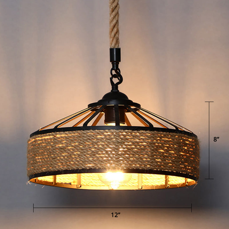 Conical Cage Restaurant Hanglight Farmhouse Hemp Rope 1 Bulb Bruine Drop Pendant