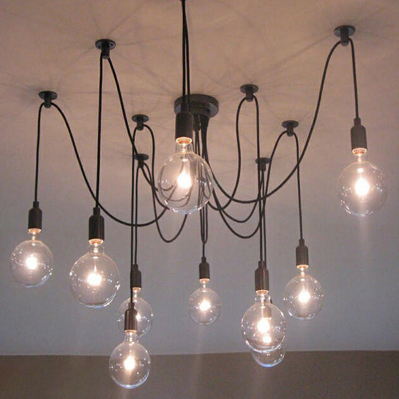 10 Heads Hanging Light Factory Naked Bulb Swag Pendant Lighting Fixture in Black