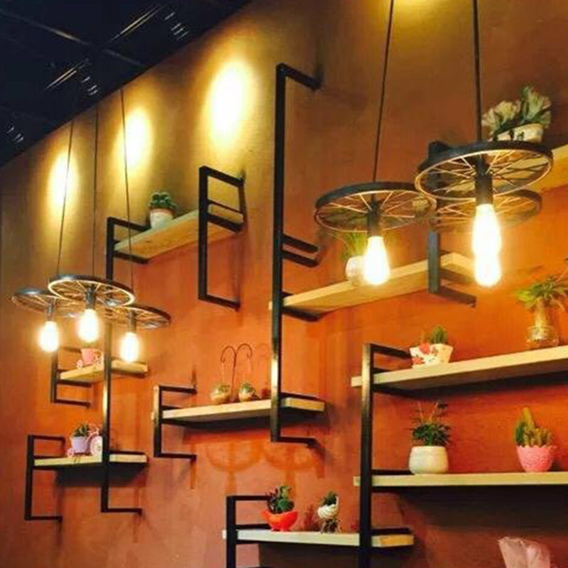 Wagon Wheel Shaped Bar Pendant Lamp Industrial Metal Multi Hanging Light Fixture