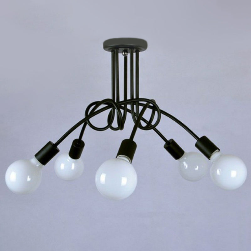 Metal Knot Chandelier Industrial Living Room Suspension Lamp with Bare Bulb Design in Black