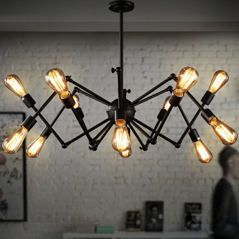 Iron Exposed Bulb Chandelier Lighting Loft Style Restaurant Hanging Lamp with Swing Arm in Black