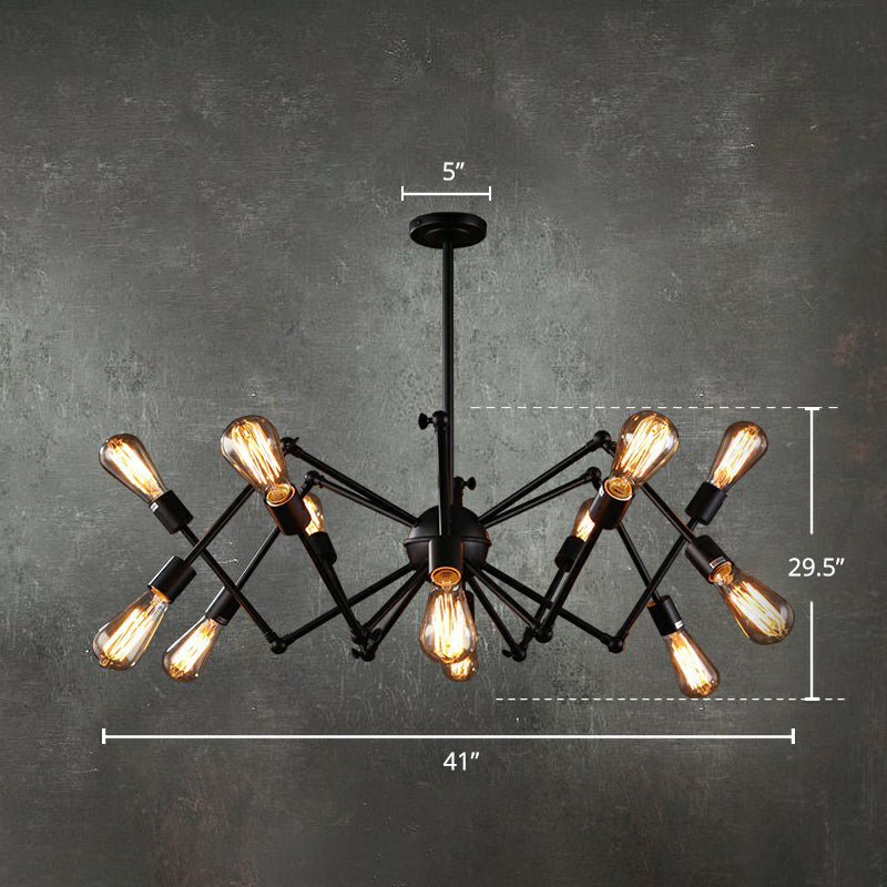 Iron Exposed Bulb Chandelier Lighting Loft Style Restaurant Hanging Lamp with Swing Arm in Black