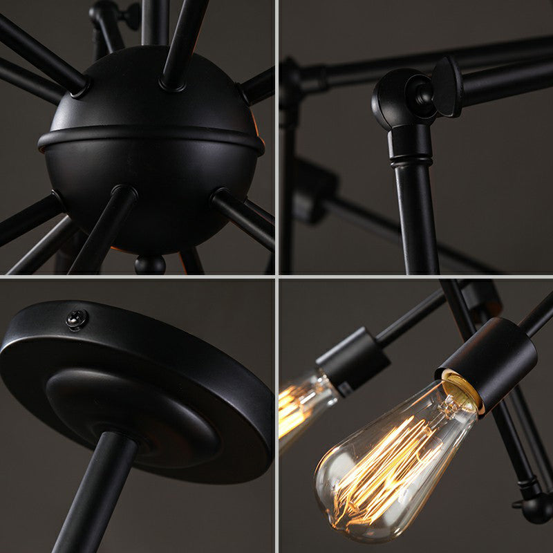 Iron Exposed Bulb Chandelier Lighting Loft Style Restaurant Hanging Lamp with Swing Arm in Black