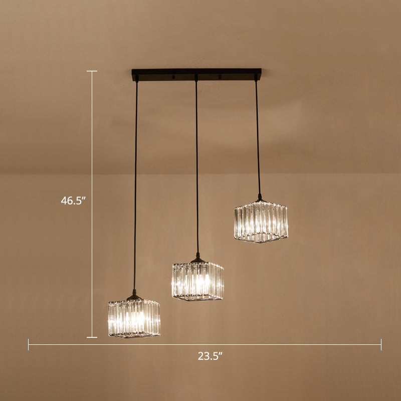 Square Crystal Cluster Pendant Light Simplicity 3-Bulb Dining Room Ceiling Hang Light in Black