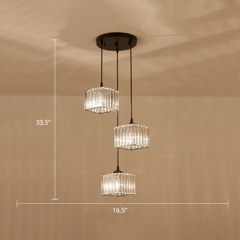 Square Crystal Cluster Pendant Light Simplicity 3-Bulb Dining Room Ceiling Hang Light in Black