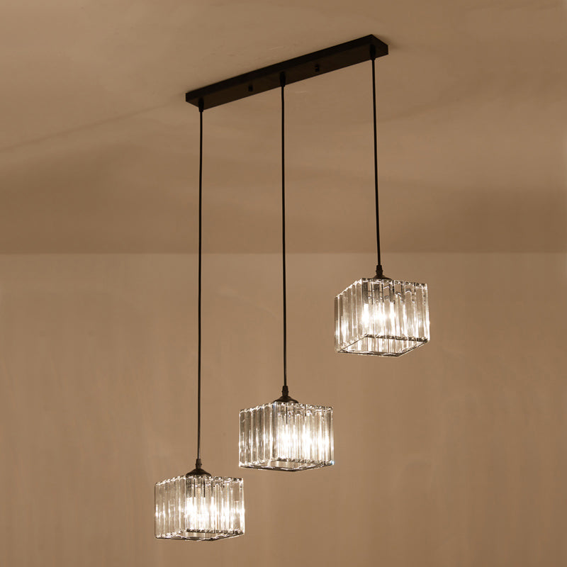 Square Crystal Cluster Pendant Light Simplicity 3-Bulb Dining Room Ceiling Hang Light in Black