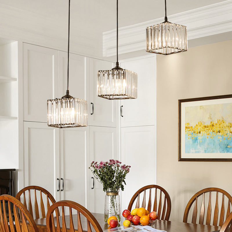 Square Crystal Cluster Pendant Light Simplicity 3-Bulb Dining Room Ceiling Hang Light in Black