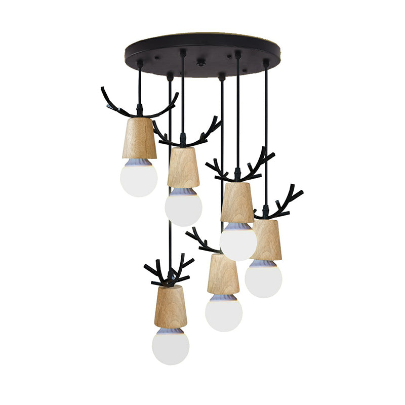 Antler Multiple Lamp Pendant Nordic Wooden Stairs Ceiling Light with Bare Bulb Design