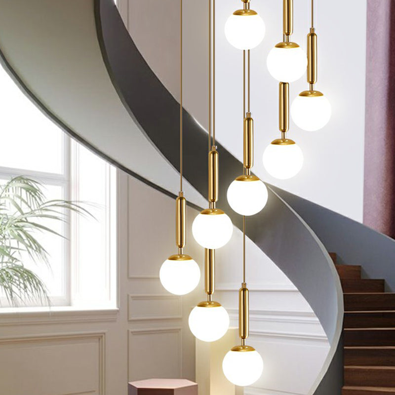 Minimalist Ball Pendant Lighting White Glass Stairway Multi Hanging Light Fixture in Gold