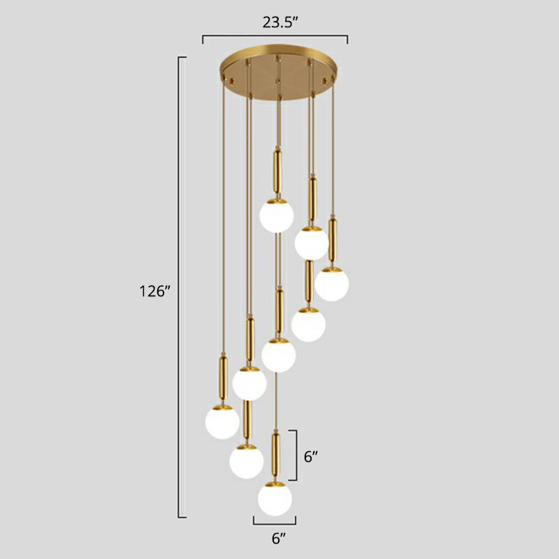 Minimalist Ball Pendant Lighting White Glass Stairway Multi Hanging Light Fixture in Gold