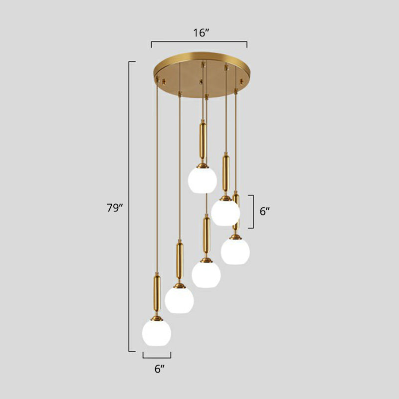 Minimalist Ball Pendant Lighting White Glass Stairway Multi Hanging Light Fixture in Gold