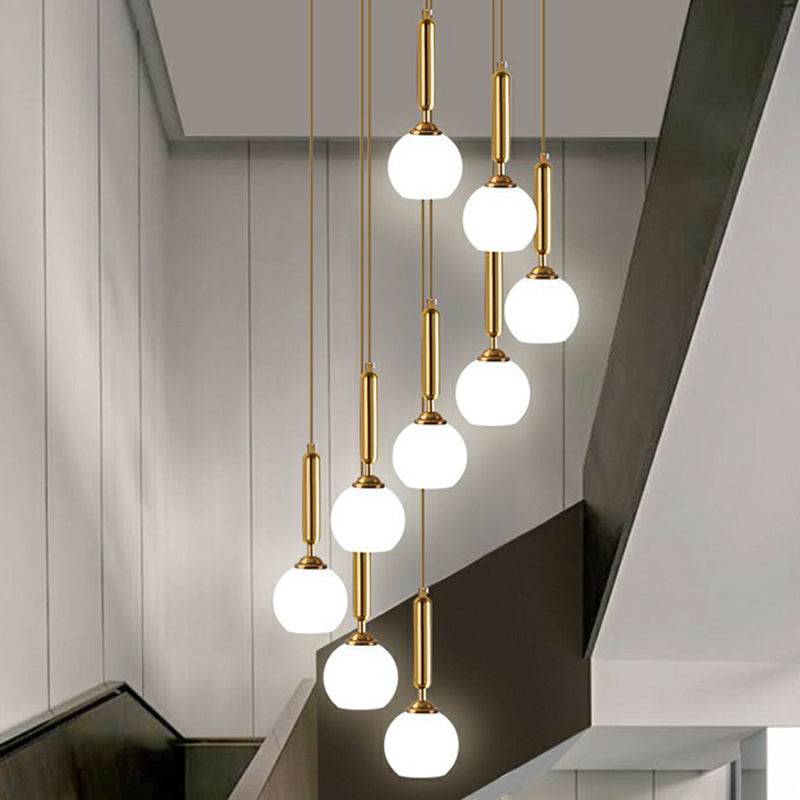 Minimalist Ball Pendant Lighting White Glass Stairway Multi Hanging Light Fixture in Gold