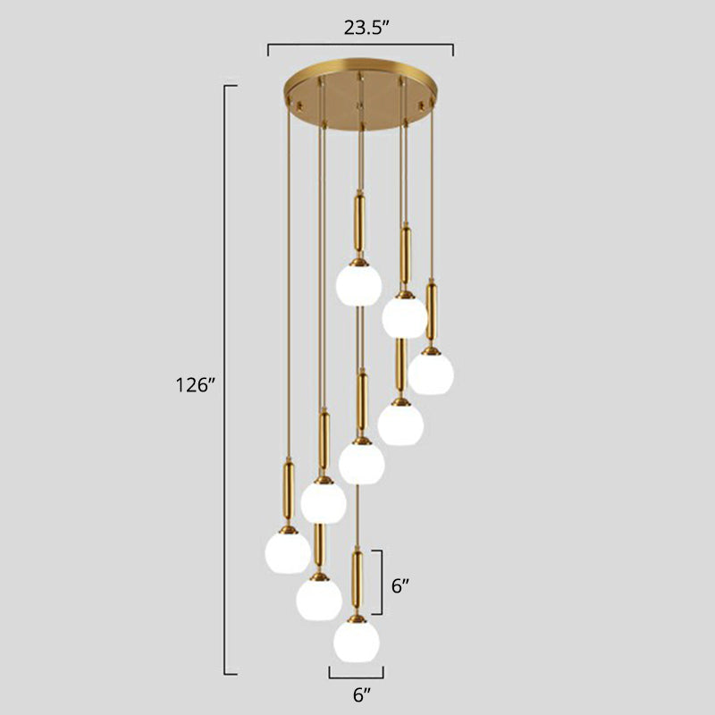 Luz de colgante de bolas minimalista Escalera de vidrio blanco Multi colgante lámpara en oro