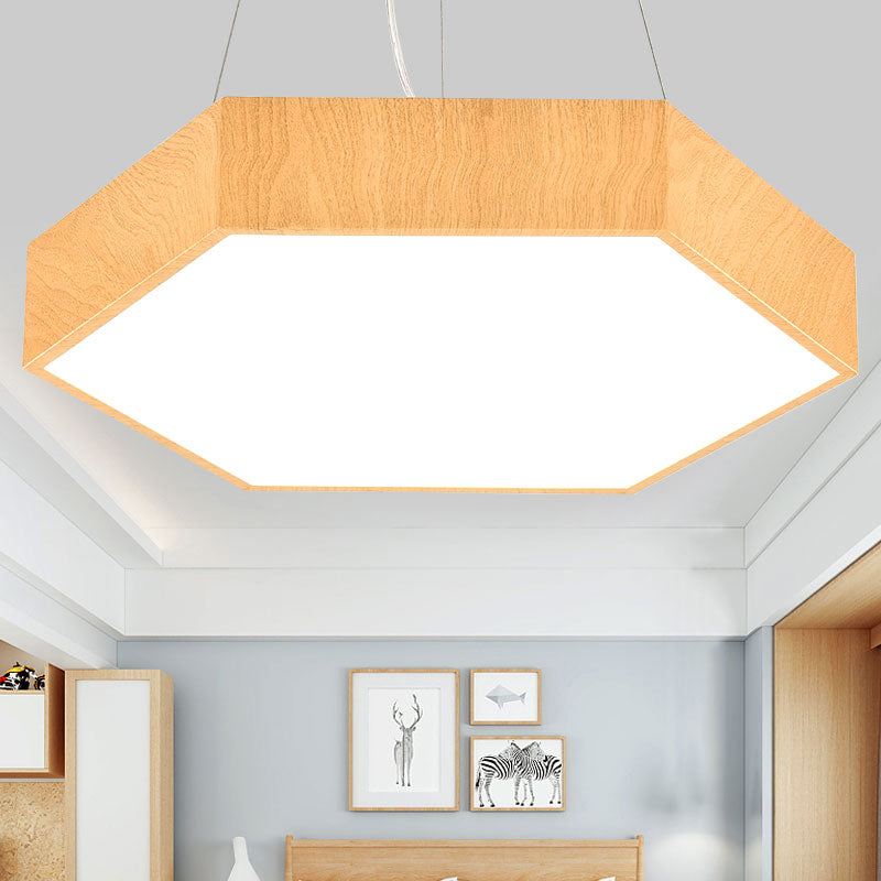 Hexagon LED Pendant Lamp Simplicity Metal Light-Wood Chandelier Light Fixture for Bedroom