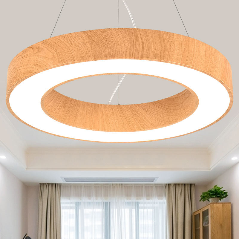 Light Wood Circle Pendant Lamp Minimalistic Metal LED Chandelier for Meeting Room