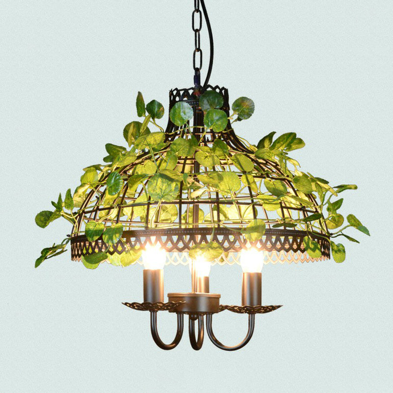 Green Plafonnage Light Country Style Cage Cage en fer Chandelier avec vigne artificielle pour restaurant