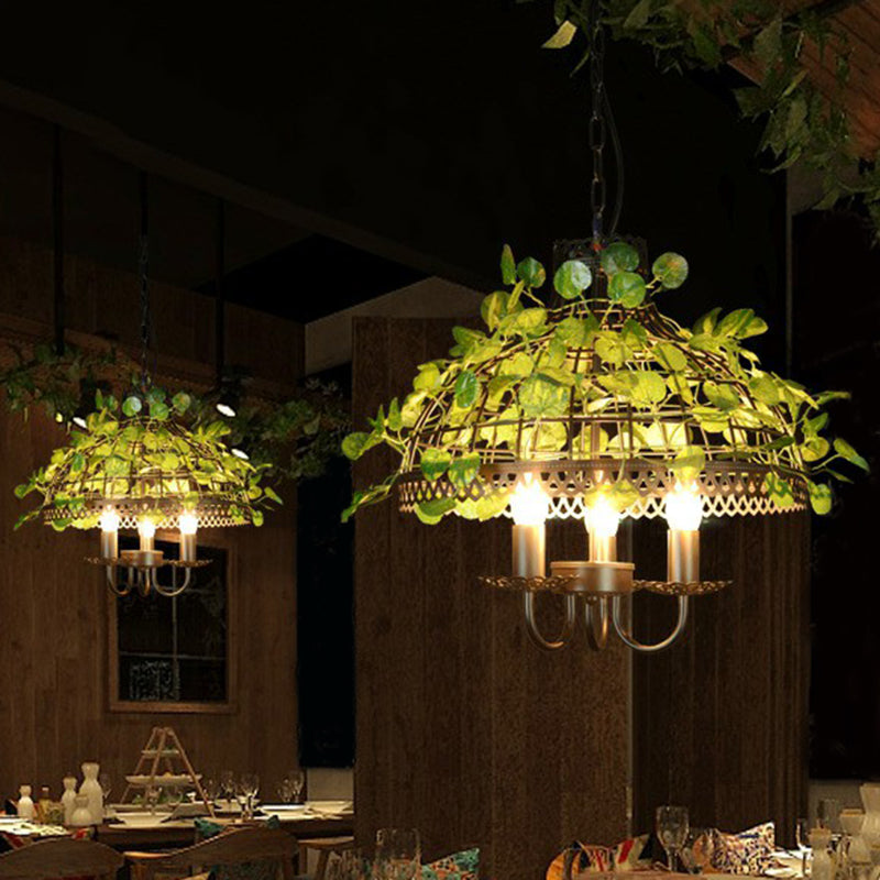 Green Plafonnage Light Country Style Cage Cage en fer Chandelier avec vigne artificielle pour restaurant