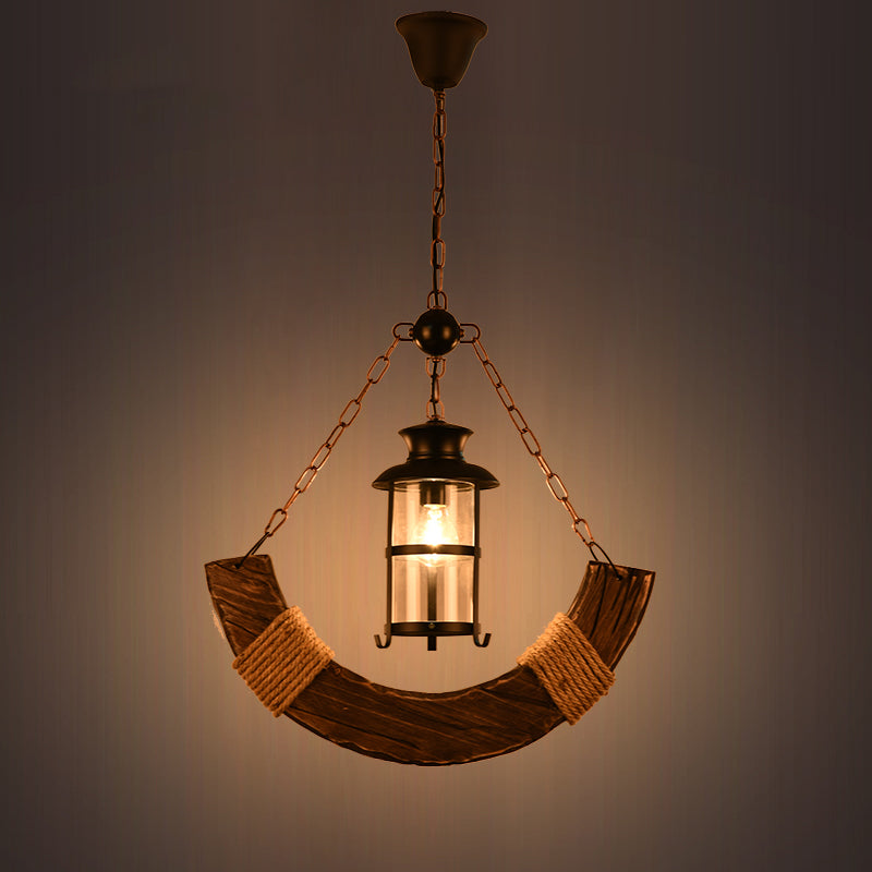 1-Bulb Cylindrical Pendant Lamp Nautical Brown Clear Glass Hanging Light with Arch Wood Deco