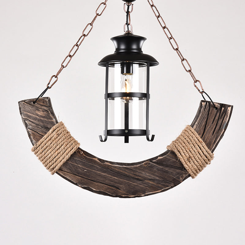 1-Bulb Cylindrical Pendant Lamp Nautical Brown Clear Glass Hanging Light with Arch Wood Deco