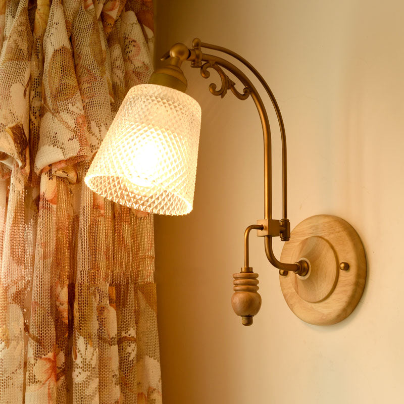1 Bulb Cone Sconce Lamp Tradition Prismatic Glass Wall Lighting Fixture in Brass with Curved Arm