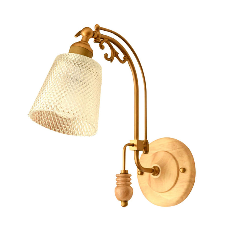 1 Bulb Cone Sconce Lamp Tradition Prismatic Glass Wall Lighting Fixture in Brass with Curved Arm