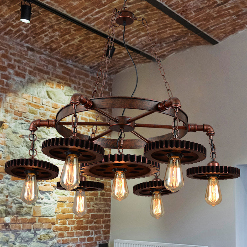 Bronze Finish Chandelier Factory Style Iron Bare Bulb Suspension Light with Gear and Wheel Deco