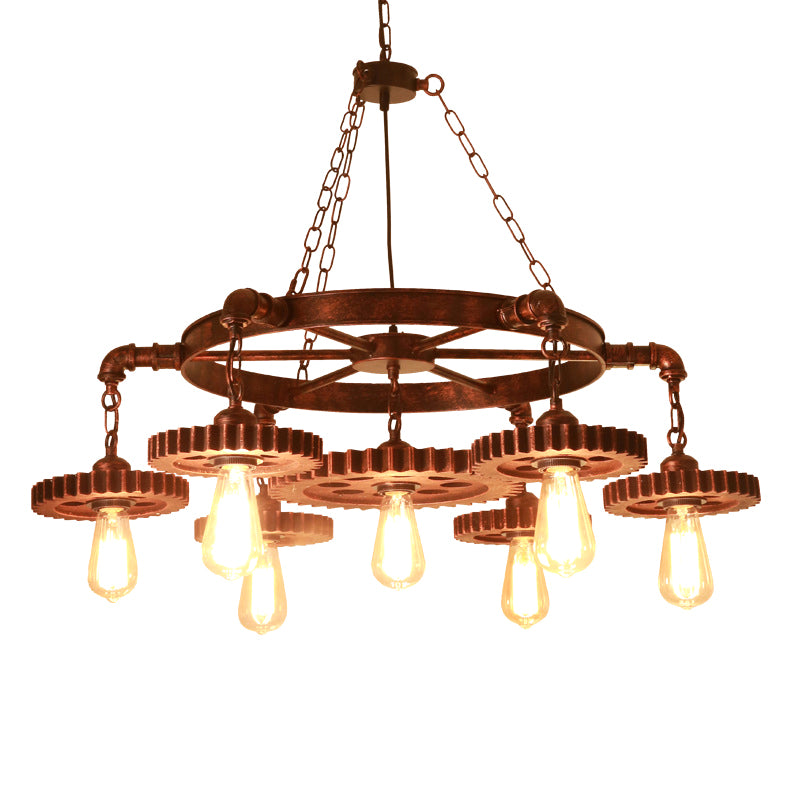 Bronze Finish Chandelier Factory Style Iron Bare Bulb Suspension Light with Gear and Wheel Deco