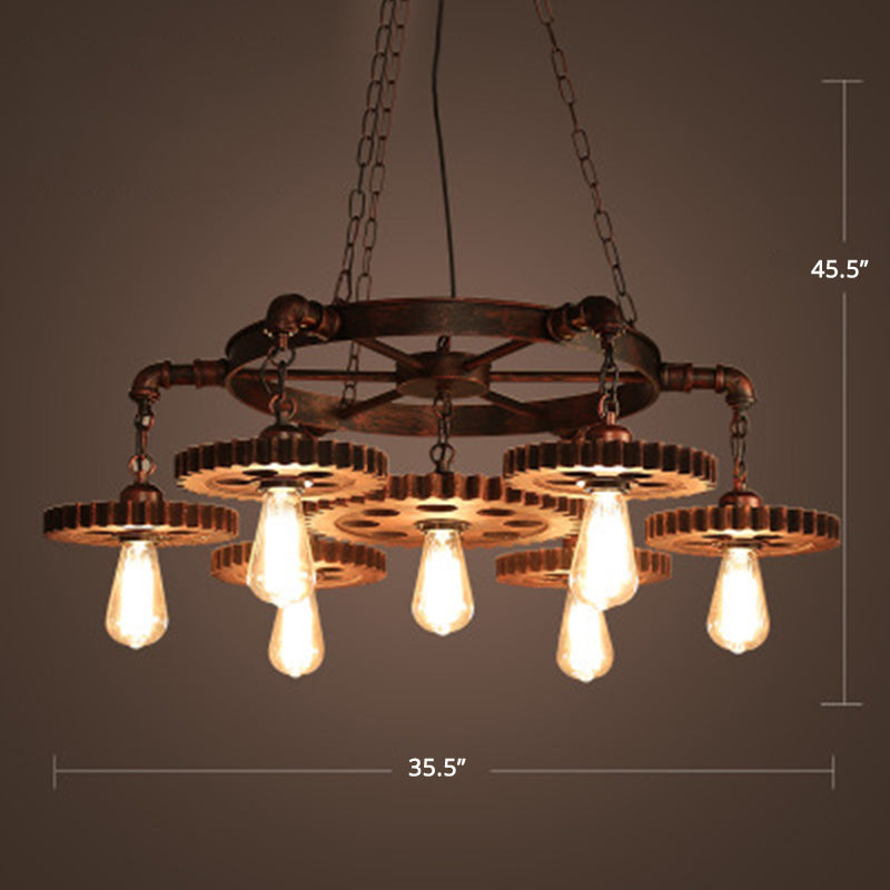 Bronze Finish Chandelier Factory Style Iron Bare Bulb Suspension Light with Gear and Wheel Deco