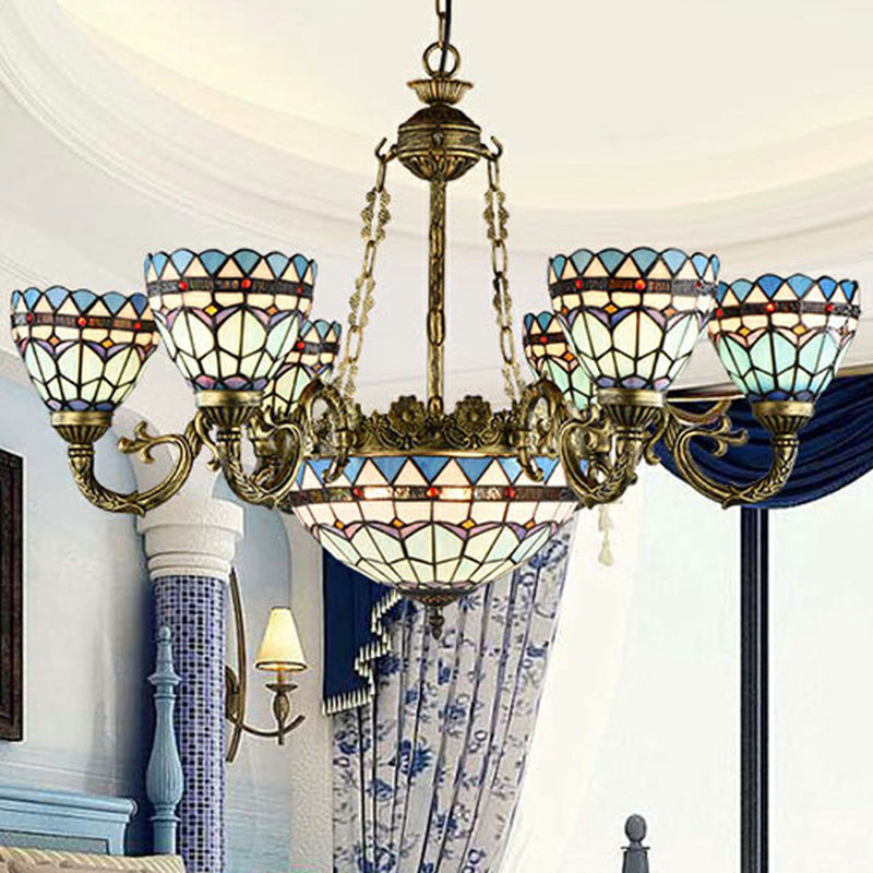 Bronze Finish Chandelier Classic Handcrafted Stained Glass Bell Ceiling Light for Dining Room