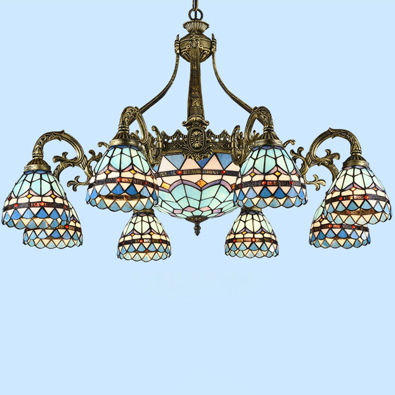 Bronze Finish Chandelier Classic Handcrafted Stained Glass Bell Ceiling Light for Dining Room