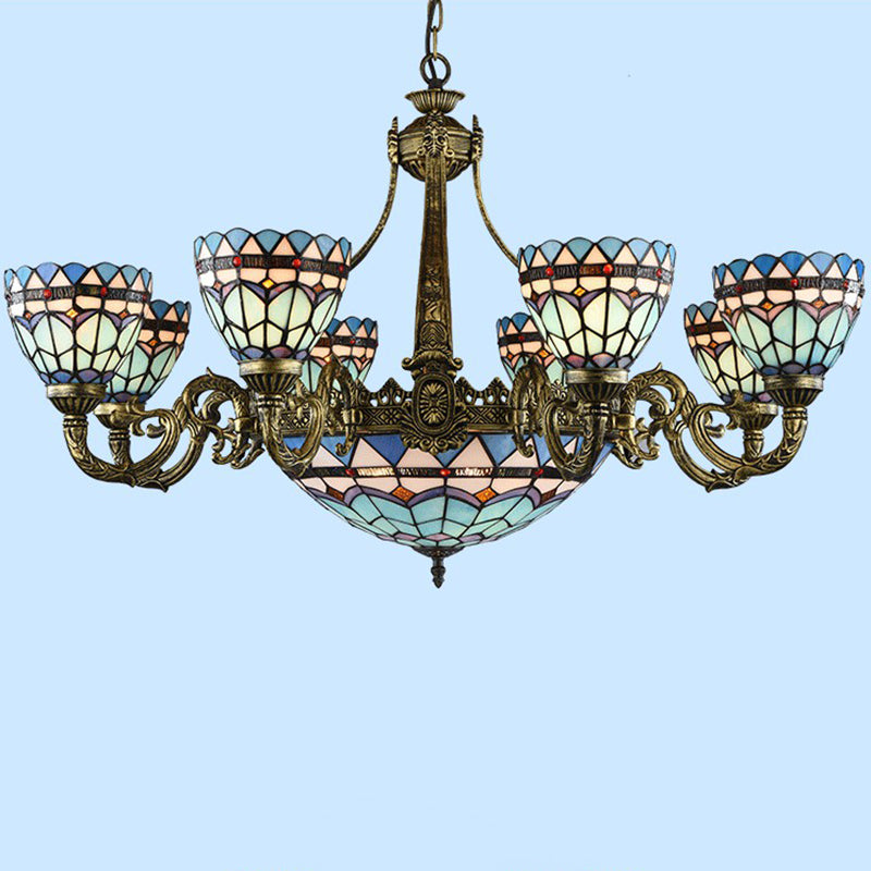 Bronze Finish Chandelier Classic Handcrafted Stained Glass Bell Ceiling Light for Dining Room