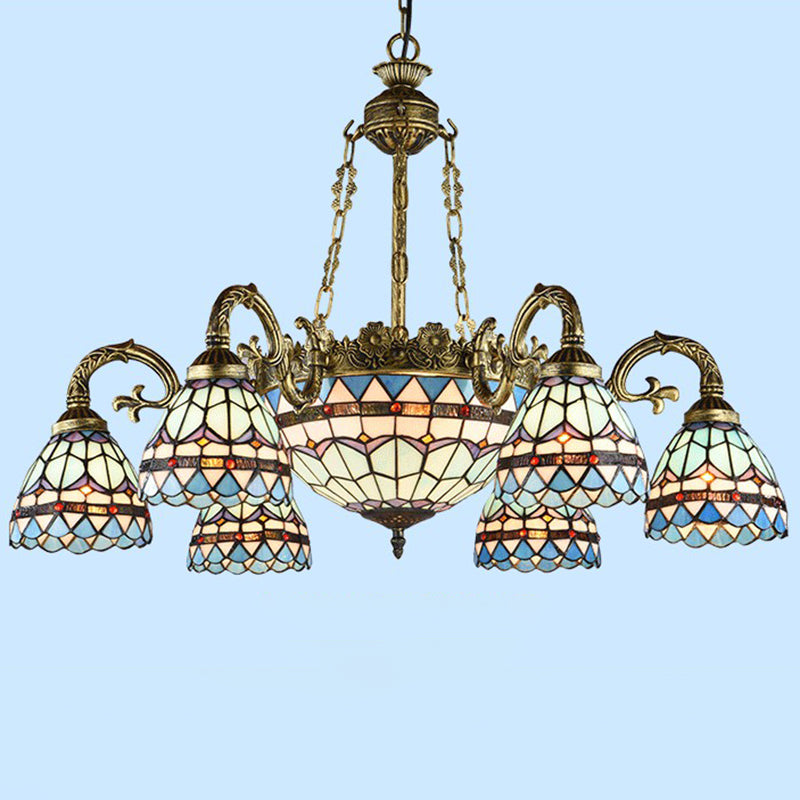 Bronze Finish Chandelier Classic Handcrafted Stained Glass Bell Ceiling Light for Dining Room