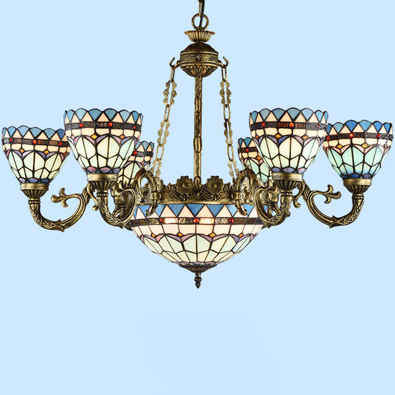 Bronze Finish Chandelier Classic Handcrafted Stained Glass Bell Ceiling Light for Dining Room