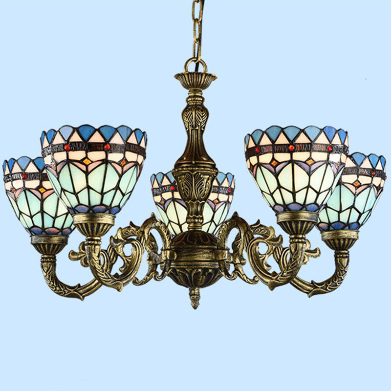 Bronze Finish Chandelier Classic Handcrafted Stained Glass Bell Ceiling Light for Dining Room