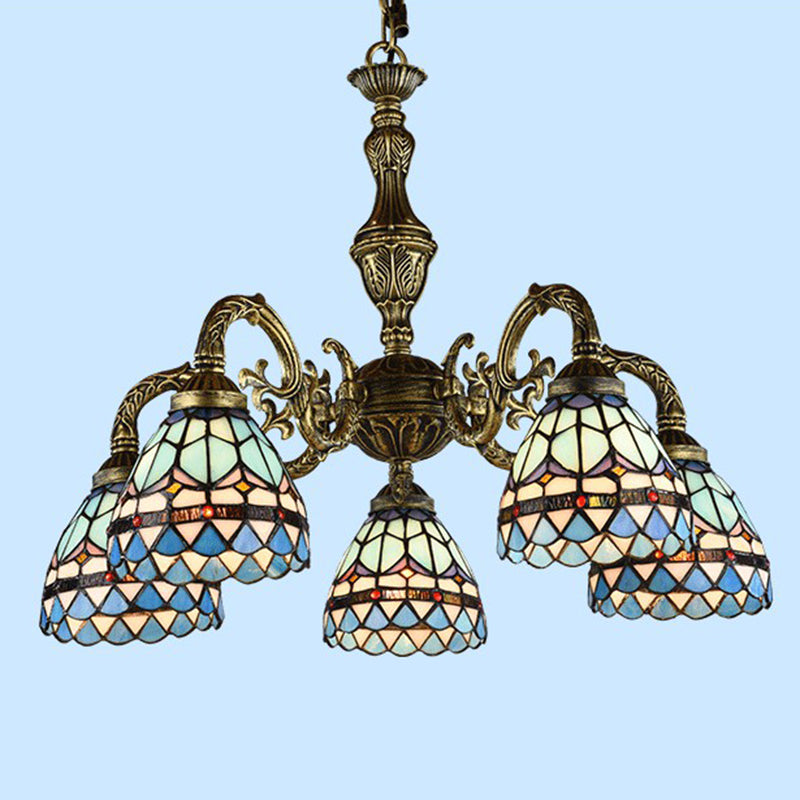 Bronze Finish Chandelier Classic Handcrafted Stained Glass Bell Ceiling Light for Dining Room