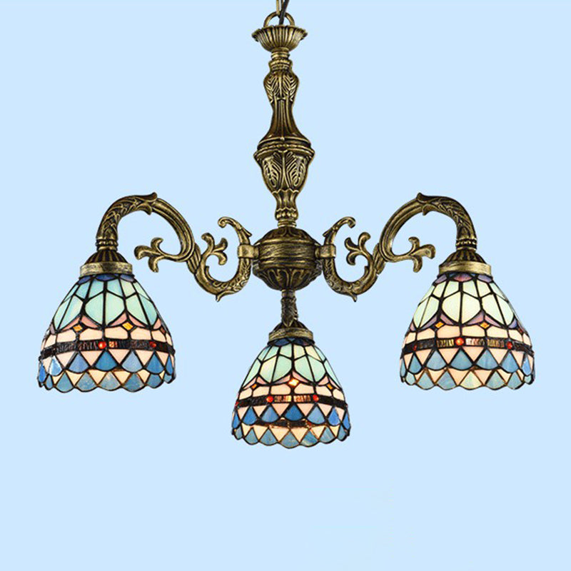 Bronze Finish Chandelier Classic Handcrafted Stained Glass Bell Ceiling Light for Dining Room