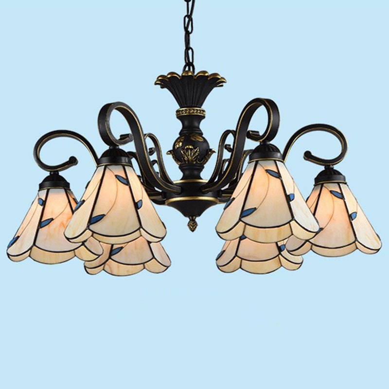 6 Heads Conical Hanging Lamp Mediterranean Hand Cut Glass Chandelier with Scalloped Edge