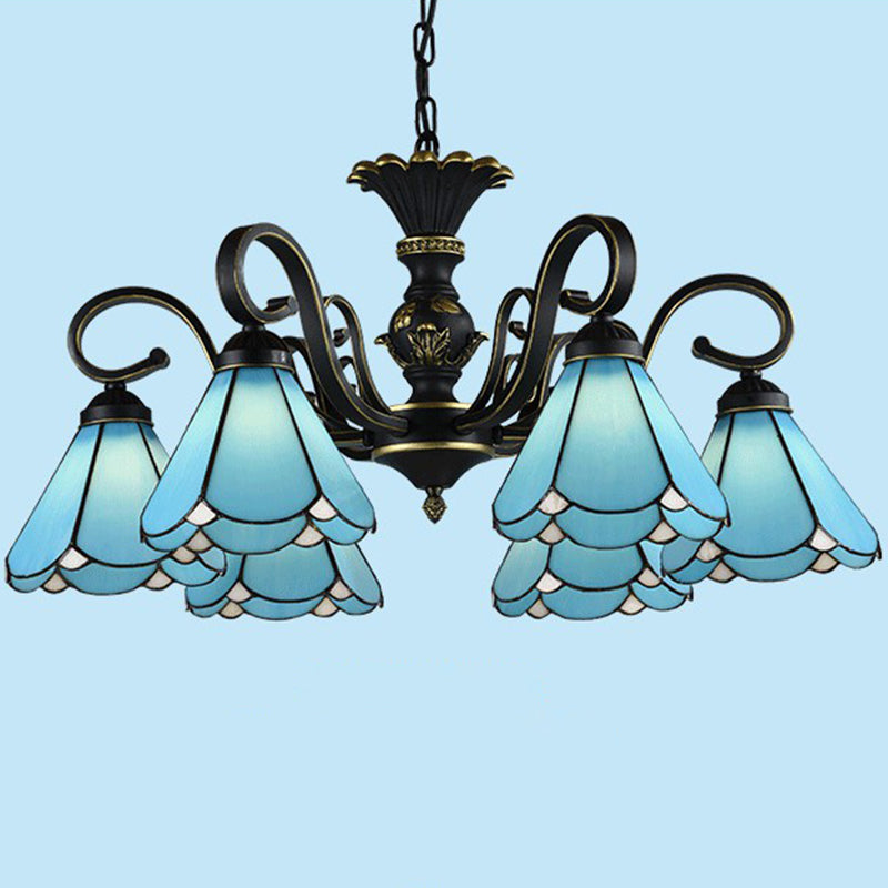 6 Heads Conical Hanging Lamp Mediterranean Hand Cut Glass Chandelier with Scalloped Edge