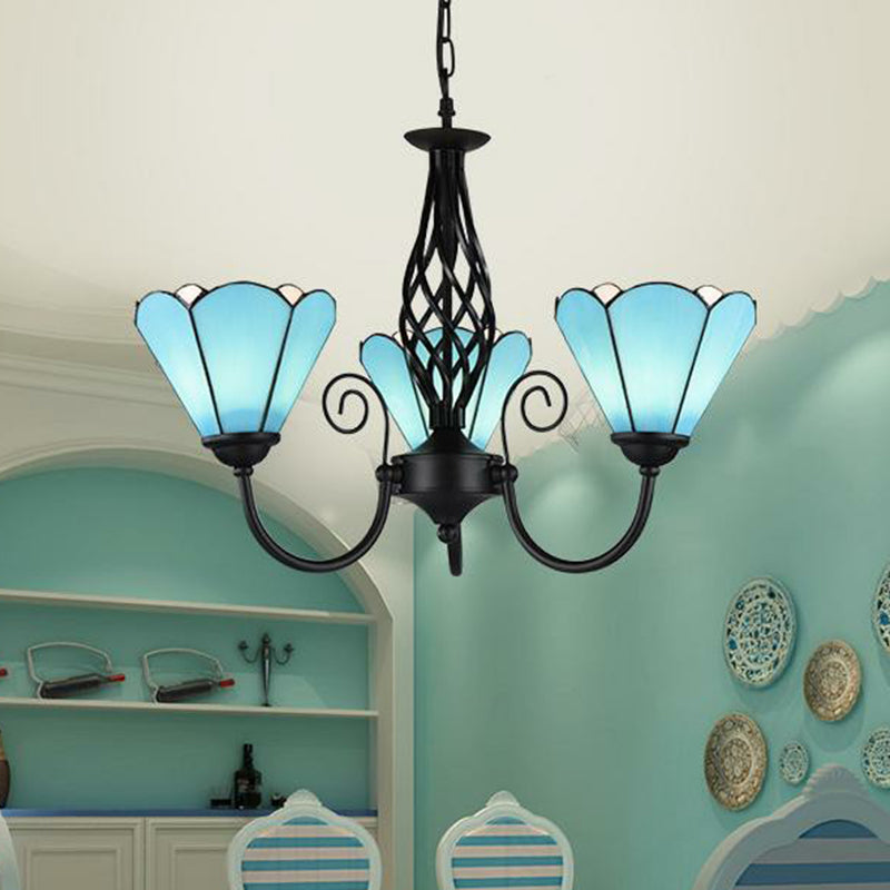 Blue Glass Floral Chandelier Light Mediterranean Black Ceiling Suspension Lamp for Living Room