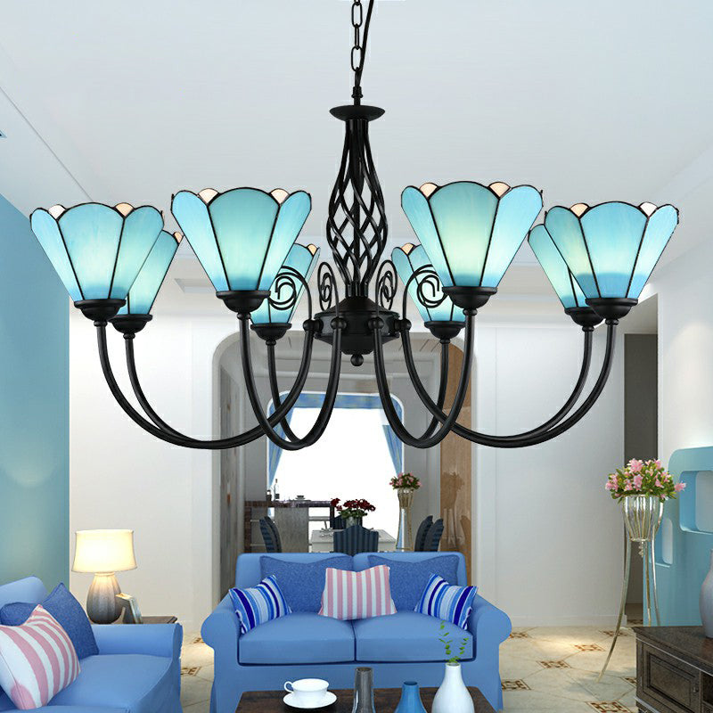 Blue Glass Floral Chandelier Light Mediterranean Black Ceiling Suspension Lamp for Living Room