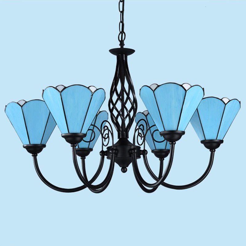 Blue Glass Floral Chandelier Light Mediterranean Black Ceiling Suspension Lamp for Living Room