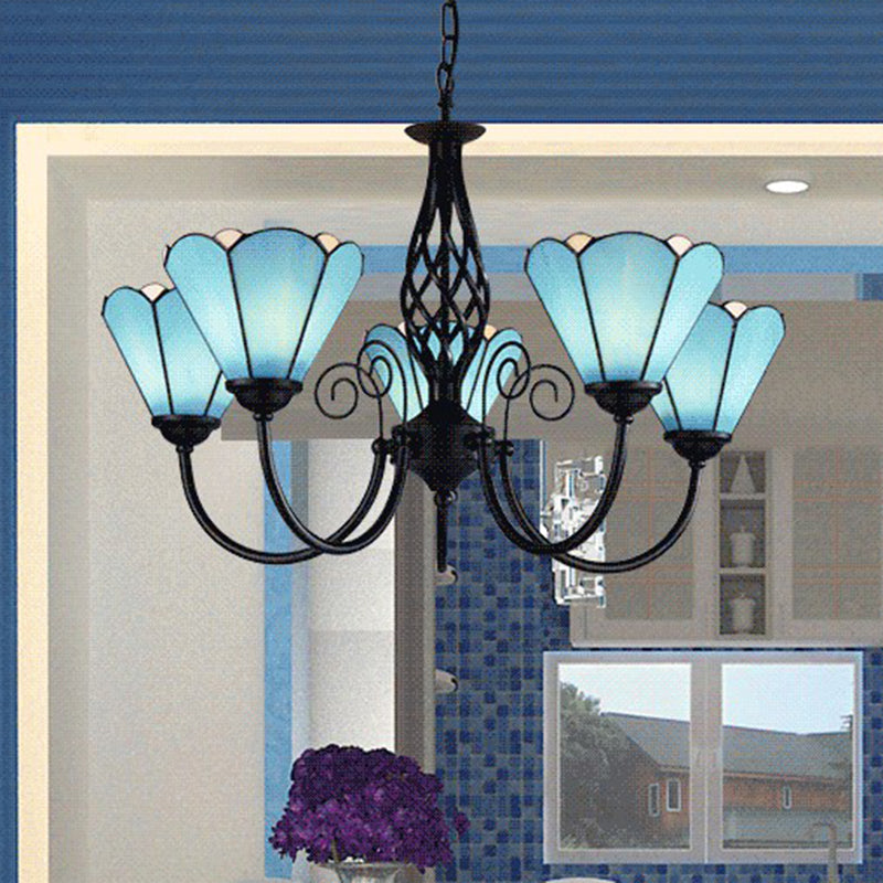 Blue Glass Floral Chandelier Light Mediterranean Black Ceiling Suspension Lamp for Living Room