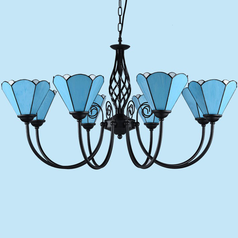 Blue Glass Floral Chandelier Light Mediterranean Black Ceiling Suspension Lamp for Living Room