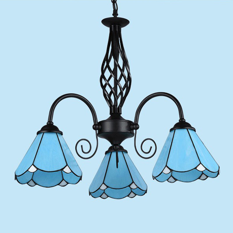 Blue Glass Floral Chandelier Light Mediterranean Black Ceiling Suspension Lamp for Living Room