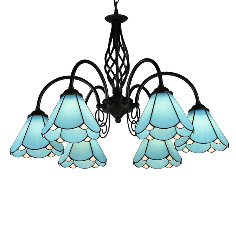 Blue Glass Floral Chandelier Light Mediterranean Black Ceiling Suspension Lamp for Living Room