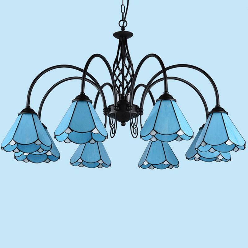 Blue Glass Floral Chandelier Light Mediterranean Black Ceiling Suspension Lamp for Living Room